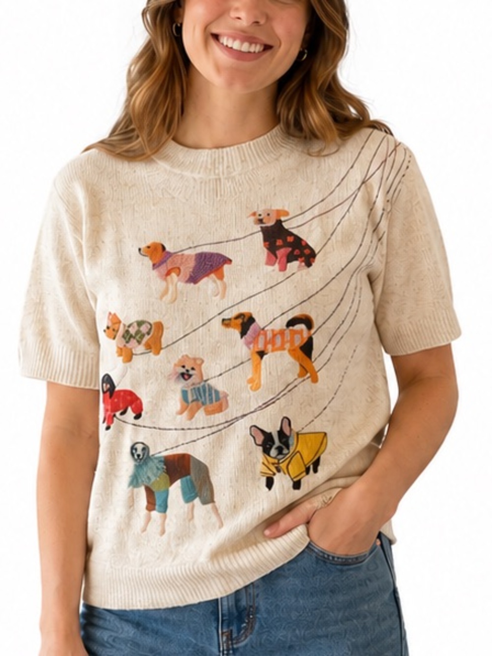 313. New Lightweight Sweater - All-Over -Effect Dog Print, Casual Crew Neck